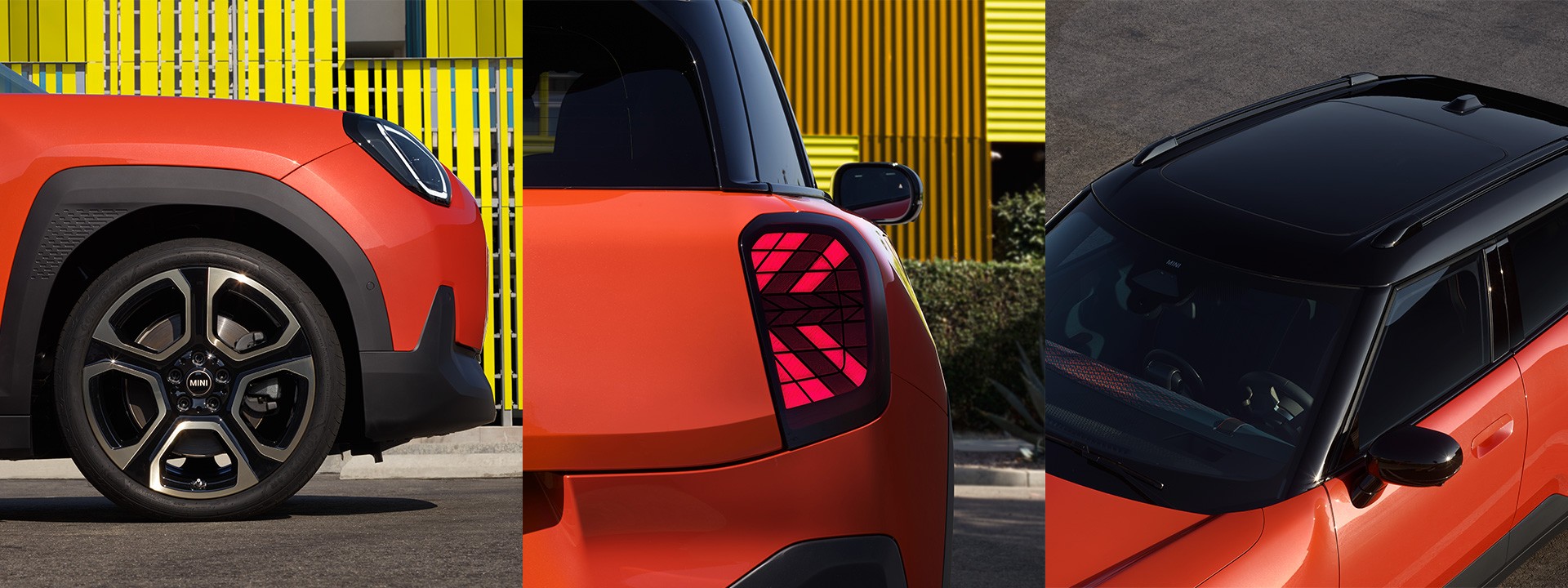 Close-up of new MINI Aceman’s race-inspired alloy wheels. Close-up of the new MINI Aceman’s right rear light with geometric design. High angle shot of new MINI Aceman’s contrasting roof and body colour.